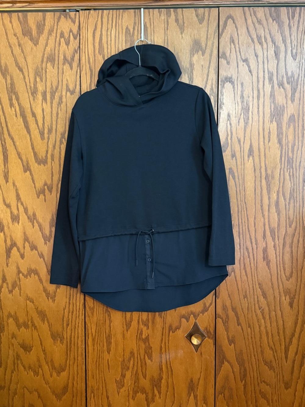 Athleta Black Hooded Tunic Top Drawstring Waist High Low Small